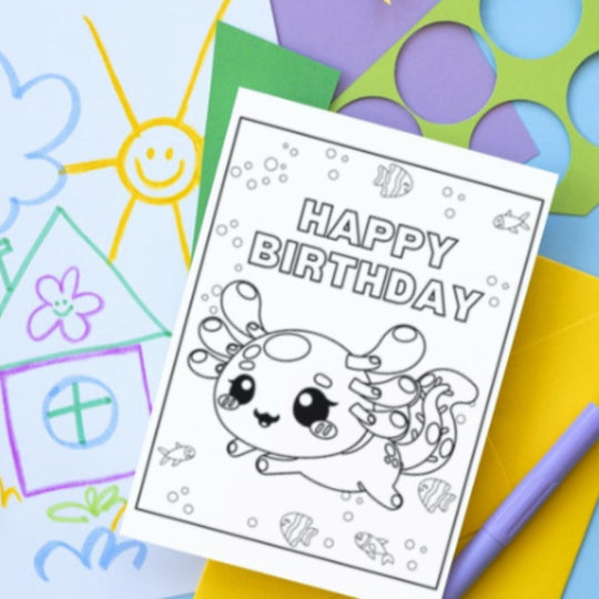 Axolotl Coloring Birthday Card for children - KY designX