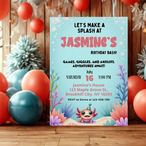 Birthday party invitation with axolotl design surrounded by balloons and decorations
