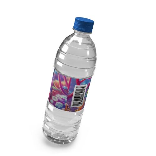 Editable Axolotl Water Bottle Label with a colorful label and blue cap on a white background