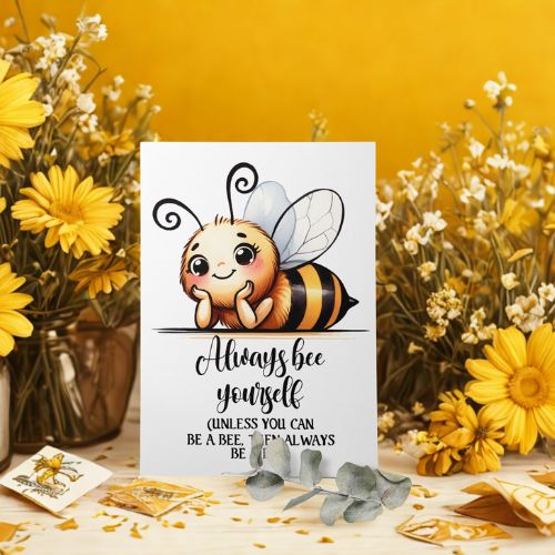 Card with a bee illustration and text 'Always bee yourself (unless you can be a bee, I'm always bee)' on a yellow background with flowers.