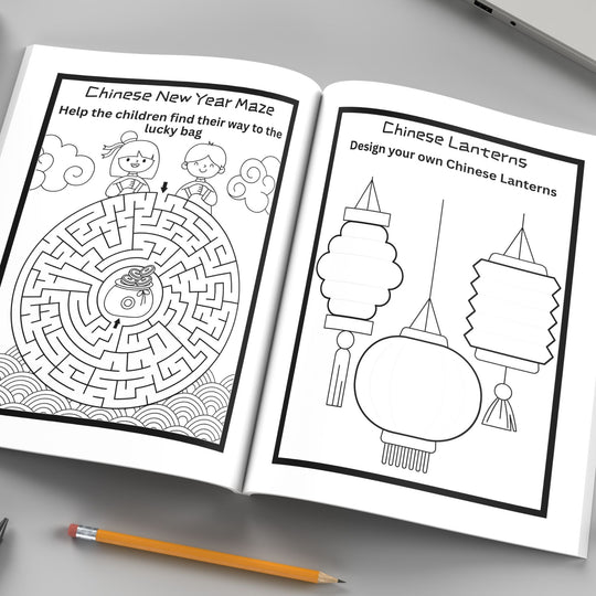 Free CNY Printable workbook for Kids with pencil on gray background