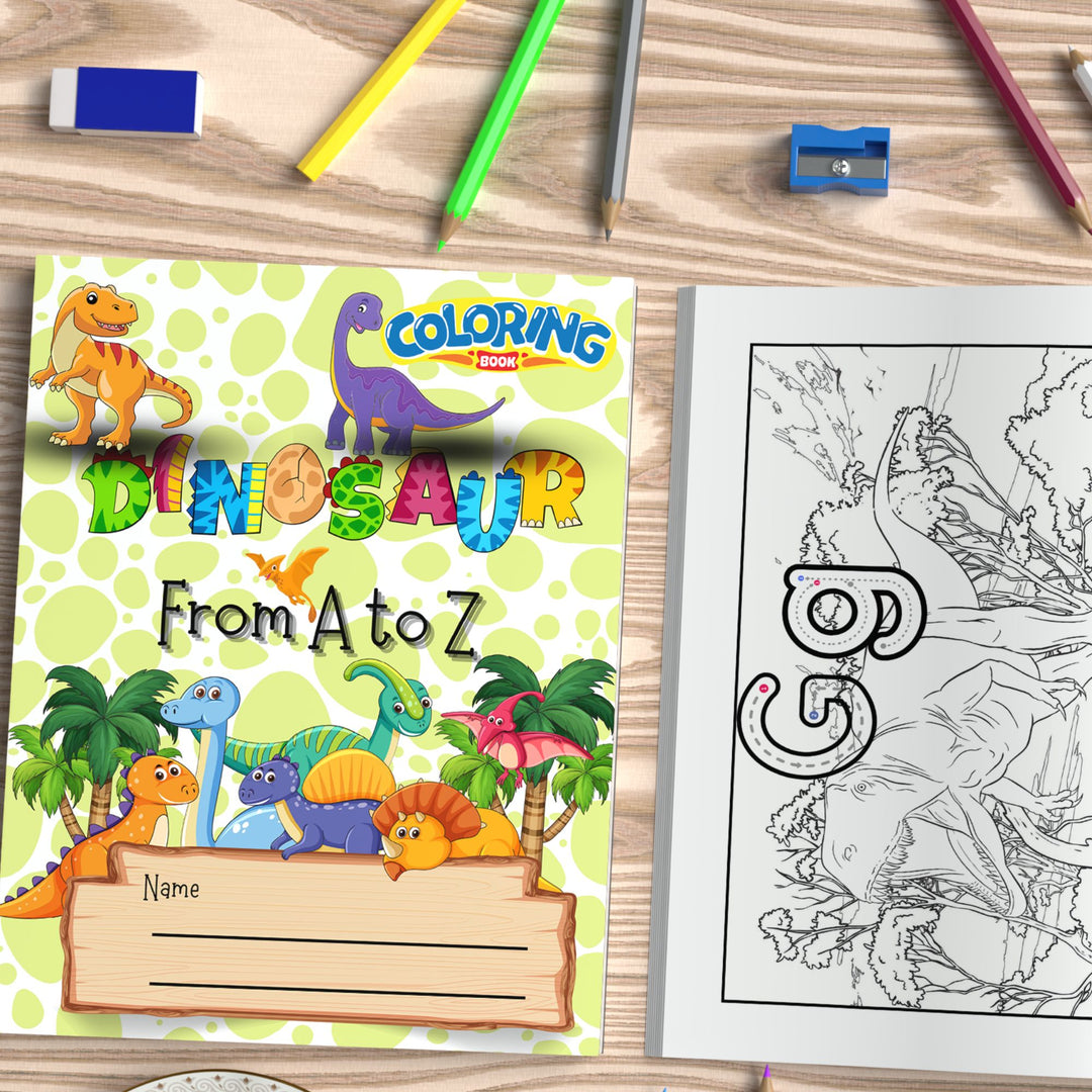 Printable Alphabet Dinosaur Coloring Pages on a wooden desk with some crayons, eraser and sharpner