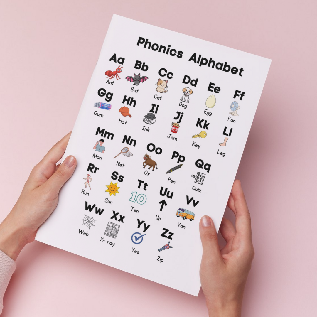 two hands holding the Printable Phonics Alphabet Poster on a pink background