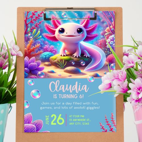  Birthday invitation with axolotl design on a clipboard, surrounded by flowers.
