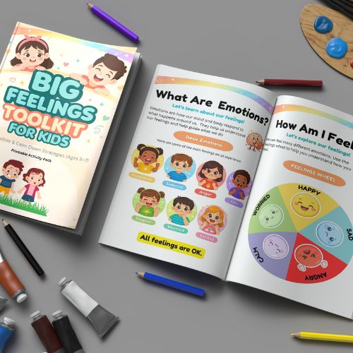 Open book titled 'Big Feelings Toolkit for Kids' with colorful illustrations on a gray surface with art supplies.