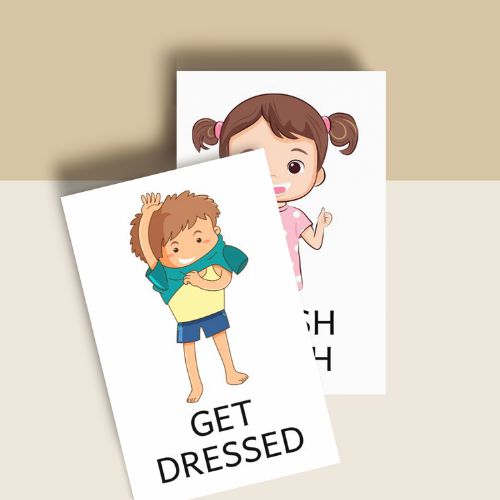 Two children's CARDS with text on a beige background