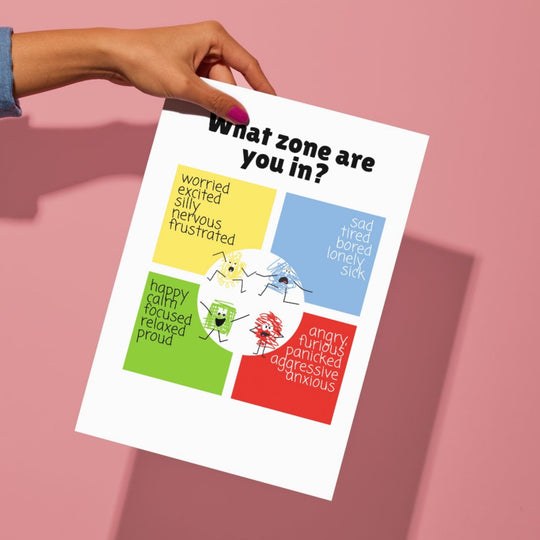 a hand holding the Printable Feelings Thermometer & Behavior Support Tools with a pink background