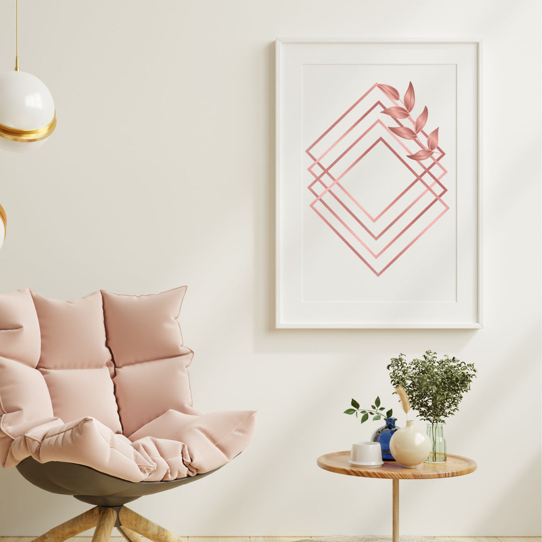 Geometric Rose Gold Printable Wall Art in a white frame on a wall 