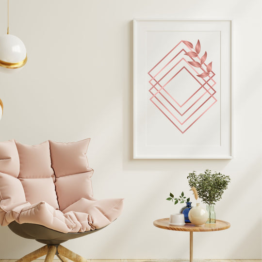 Geometric Rose Gold Printable Wall Art in a white frame on a wall 