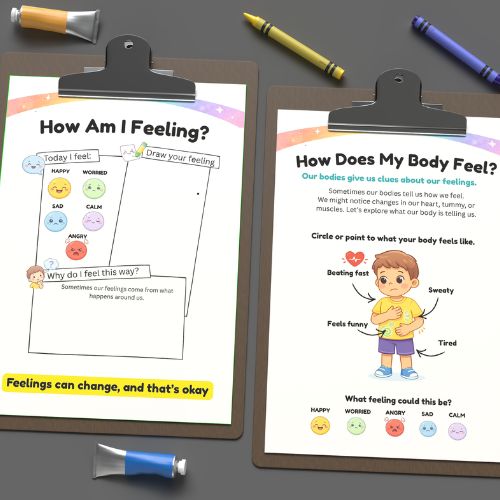 Educational materials on clipboards for teaching emotions and bodily sensations to children, with crayons and paintbrushes around.