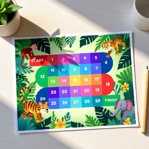Colorful children's game board with animals on a white surface