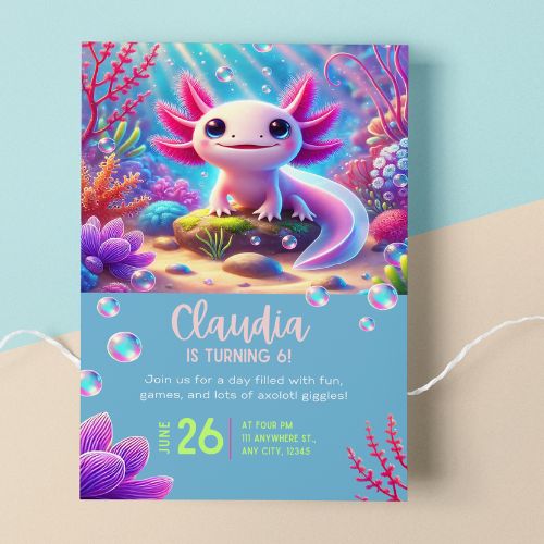 Editable Axolotl Birthday Party Pack   invitation card with colorful axolotl illustration on a blue background.