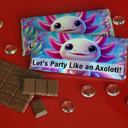Chocolate bars with axolotl-themed wrappers on a red background