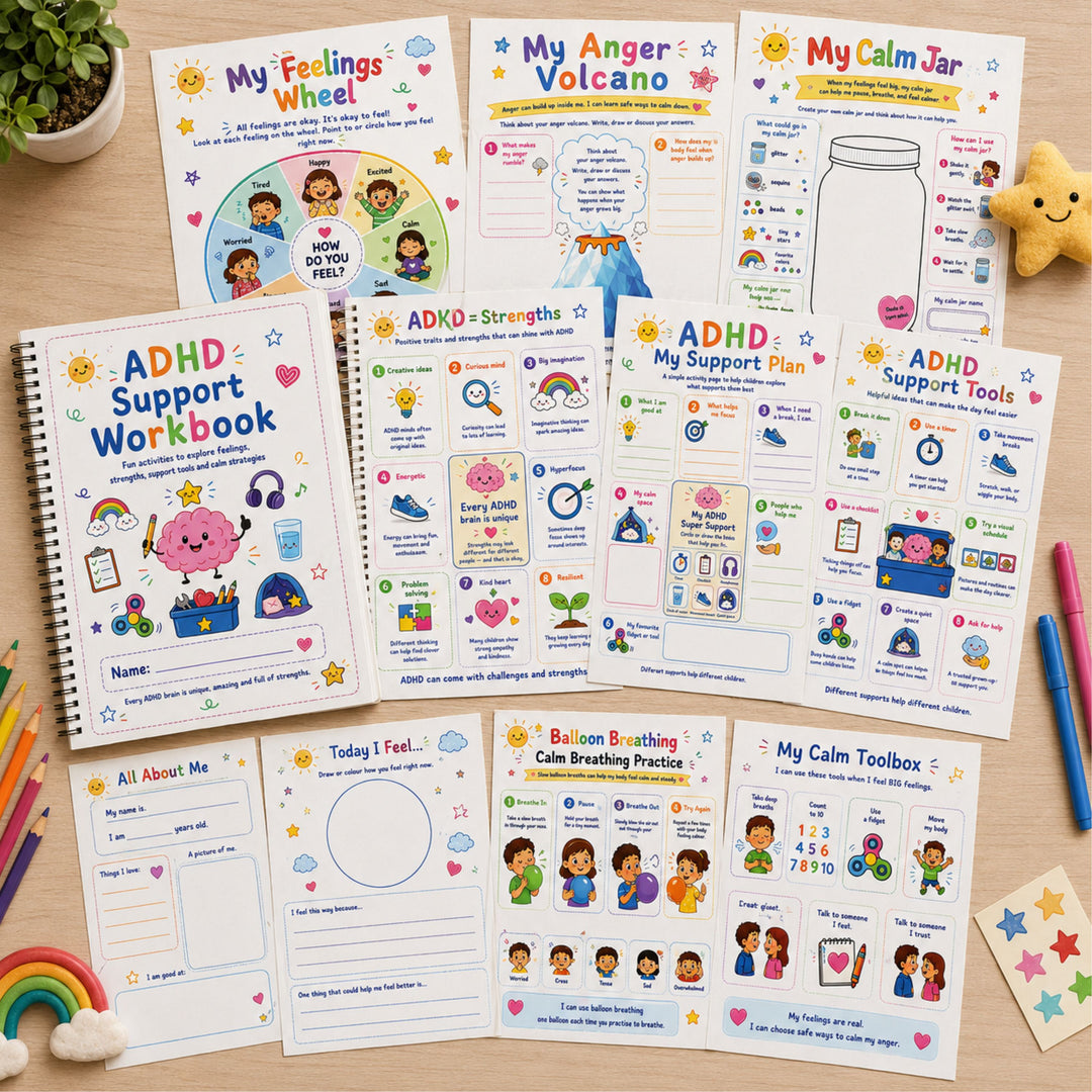 Educational materials for children on a wooden surface with colorful tools.