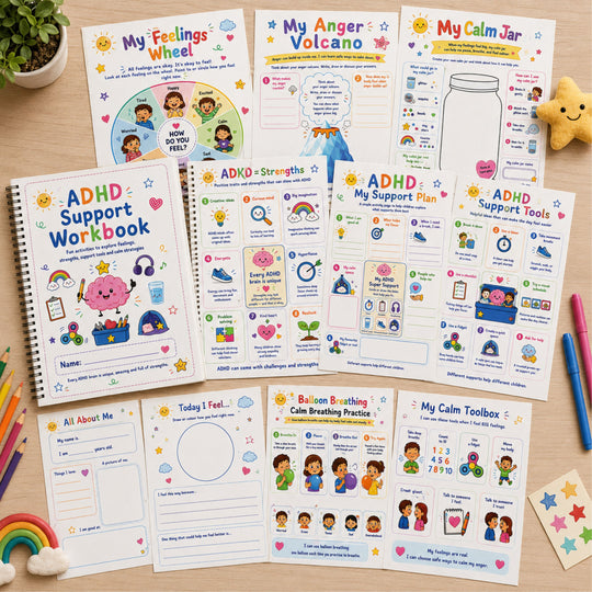 Educational materials for children on a wooden surface with colorful tools.