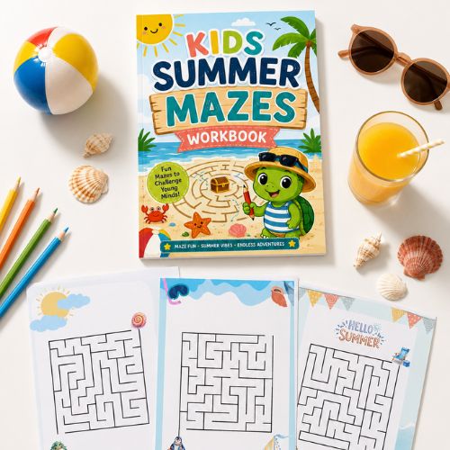 Children's summer maze workbook with beach-themed items on a white surface