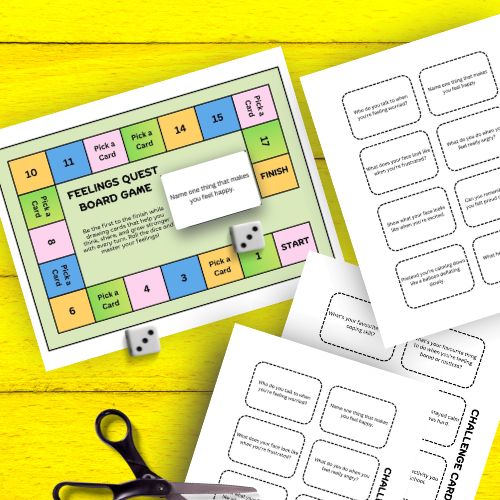 Feelings Printable Board Game for Kids  with cards and dice on a yellow background