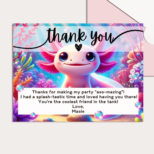 Editable Axolotl Birthday Thank You Card with axolotl character and party thank you message.