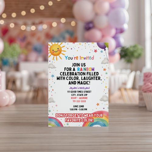 Editable Rainbow Celebration Canva Party Invitation on a table with balloons in the background