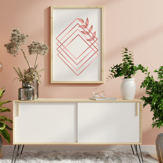 Geometric Rose Gold Printable Wall Art in a living room placed in a wooden frame