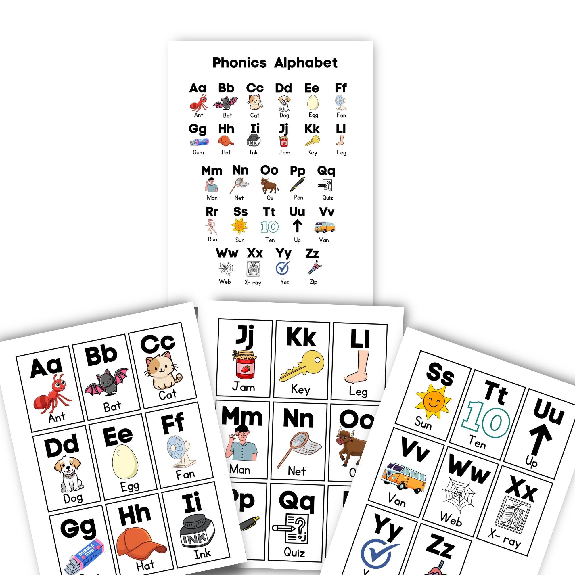 Printable Phonics Alphabet flashcards Set on a white background