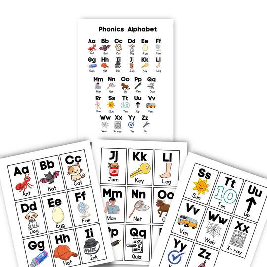 Printable Phonics Alphabet flashcards Set on a white background