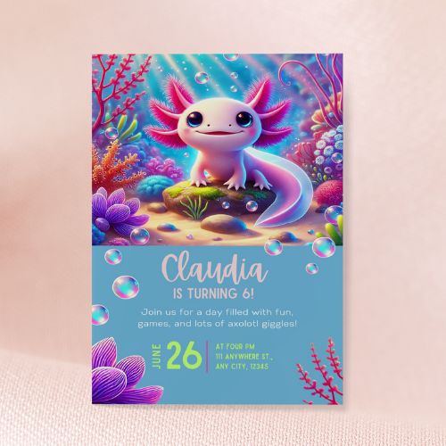 Axolotl-themed birthday invitation card with colorful axolotl illustration on a blue background.