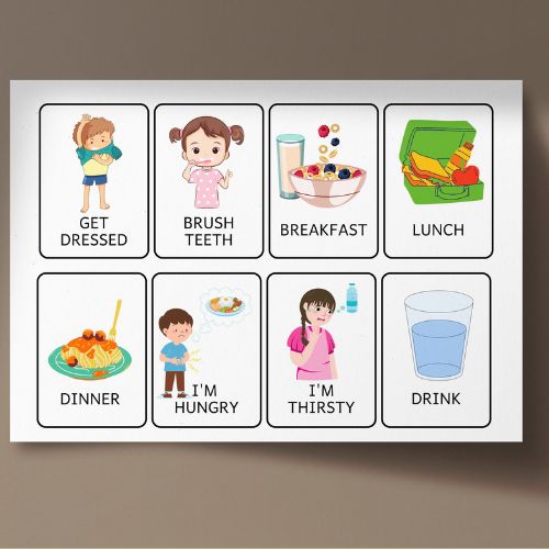 Set of educational cards with illustrations and text on a brown background