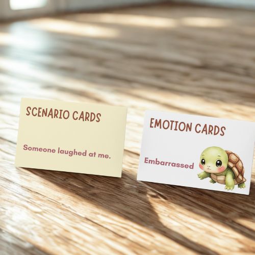 Two cards on a wooden surface, one labeled 'Scenario Cards' and the other labeled 'Emotion Cards' with an illustration of a turtle.