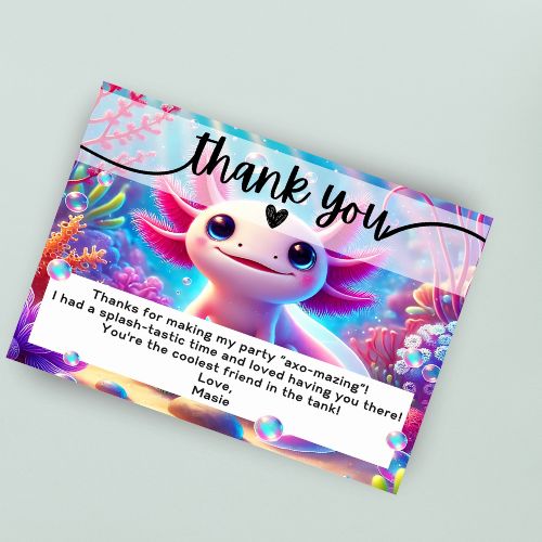 Editable Axolotl Birthday Thank You Card with axolotl design and personalized message on a light gray background