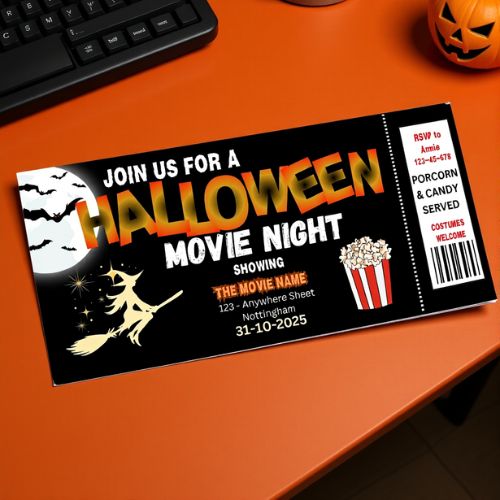 Editable Halloween Movie Night Ticket  on an orange surface with a keyboard and small pumpkin decoration.