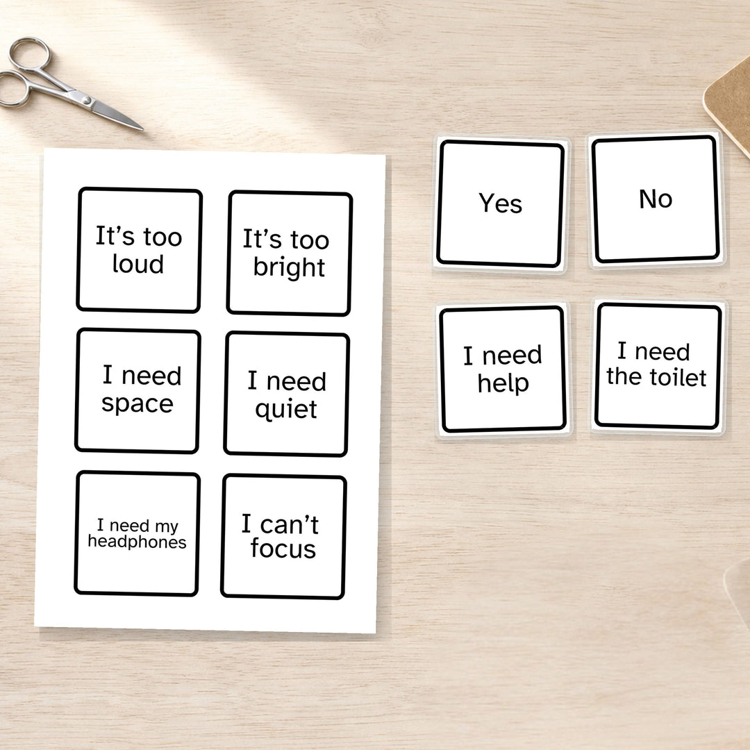 Set of cards with statements on a wooden surface with scissors in the background