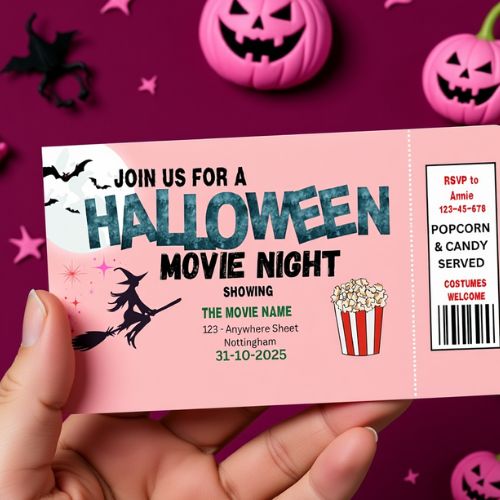 Halloween movie night invitation with pink pumpkins and bats on a purple background