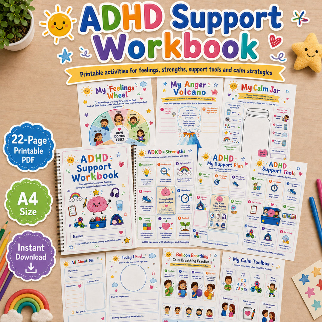ADHD Support Workbook with colorful pages on a wooden surface