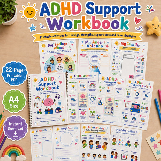 ADHD Support Workbook with colorful pages on a wooden surface