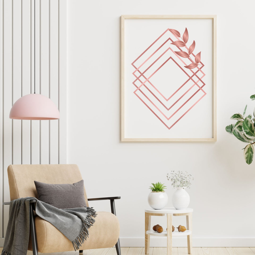 a modern printable poster  in a wood frame in a living room
