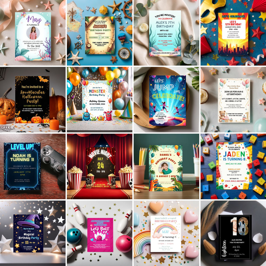 a set of Editable Canva Party Invitations for kids and teens