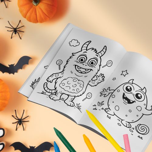 MRR PLR  Halloween Coloring Book with Halloween-themed illustrations on a table with crayons and decorations.