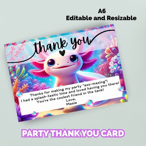 Editable Axolotl Birthday Thank You Card