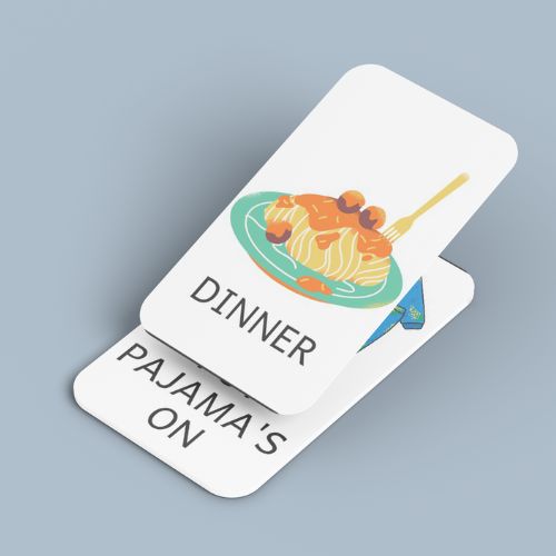 Card with a dinner illustration and text 'Dinner Pajama's On' on a gray background