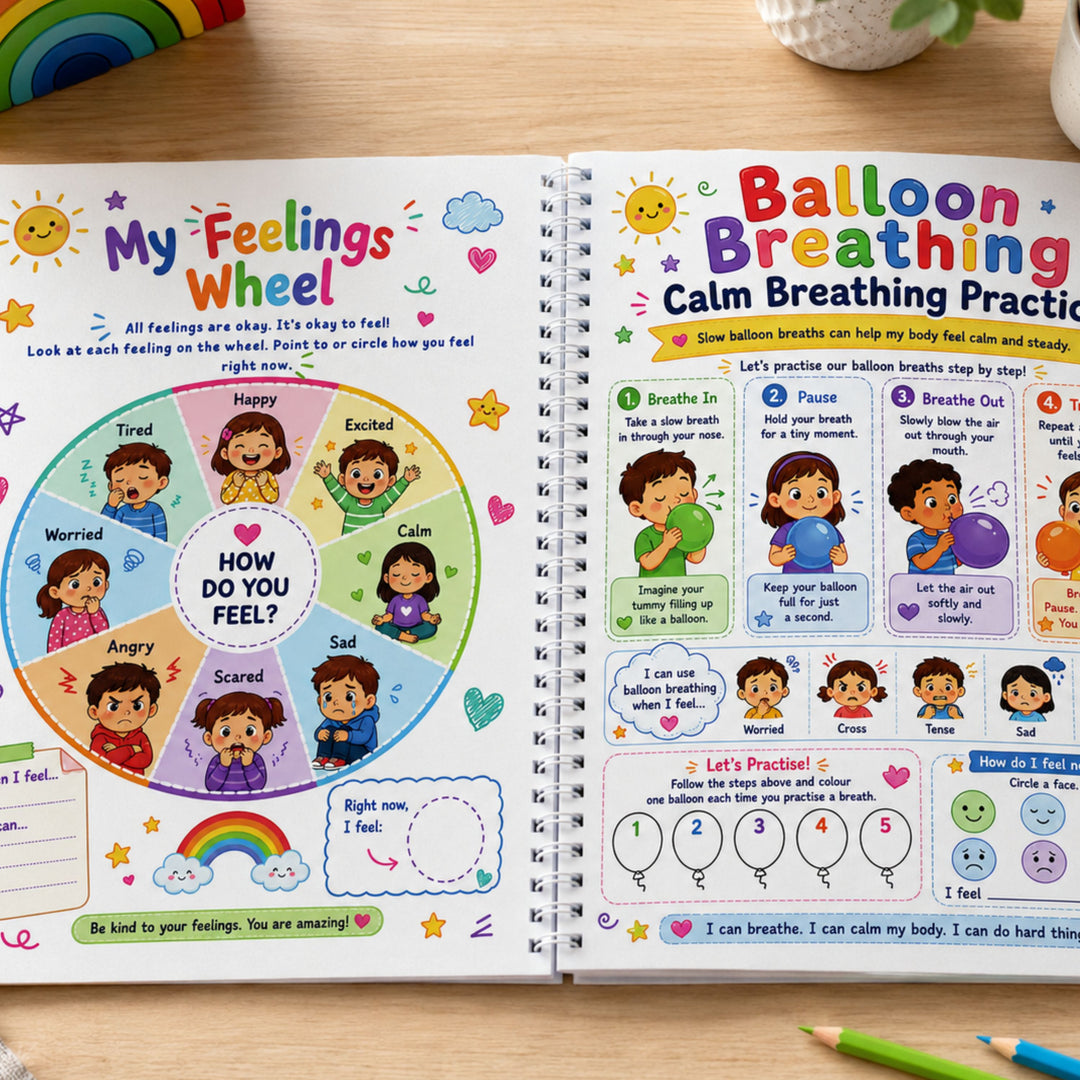Open book showing educational pages about feelings and breathing exercises on a wooden surface.