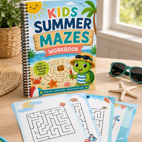 Kids Summer Mazes sheets  on a table with sunglasses and starfish