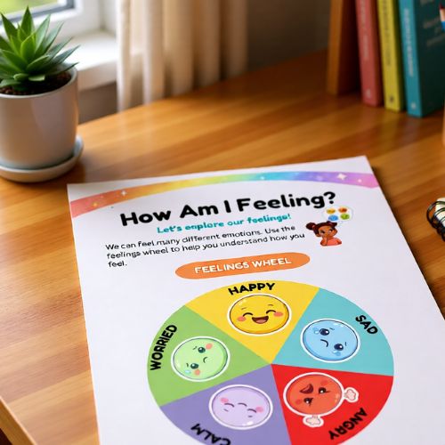 Feelings wheel chart on a wooden surface with books and a plant in the background