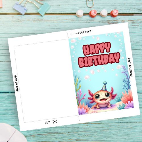 Birthday card with a cartoon axolotl and 'Happy Birthday' text on a blue background.