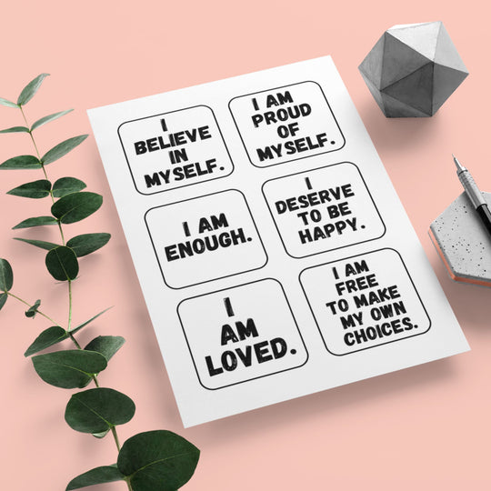 Printable PDF Mindfulness cards on a pink background with some green leaves and decorations
