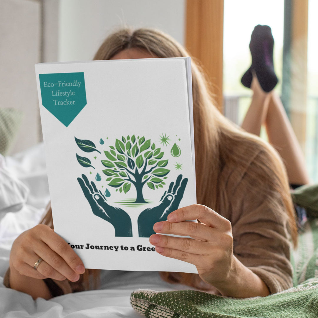 a lady on a bed holding the Printable Sustainability planner