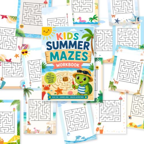 Kids Summer Mazes Workbook with maze pages on a white background