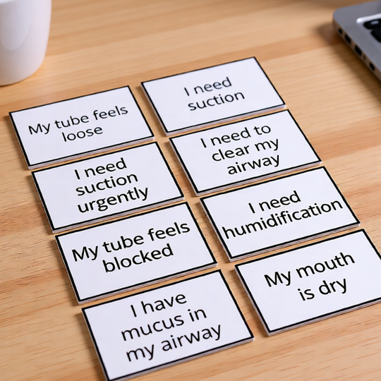 Set of Editable Communication Cards for Tracheostomy Patients on a wooden surface