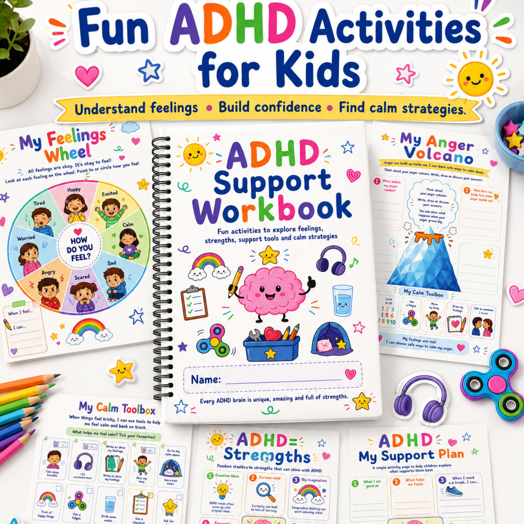 ADHD Support Workbook for Kids with colorful pages and activities on a white background