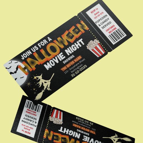 Halloween movie night tickets with decorative elements on a light yellow background
